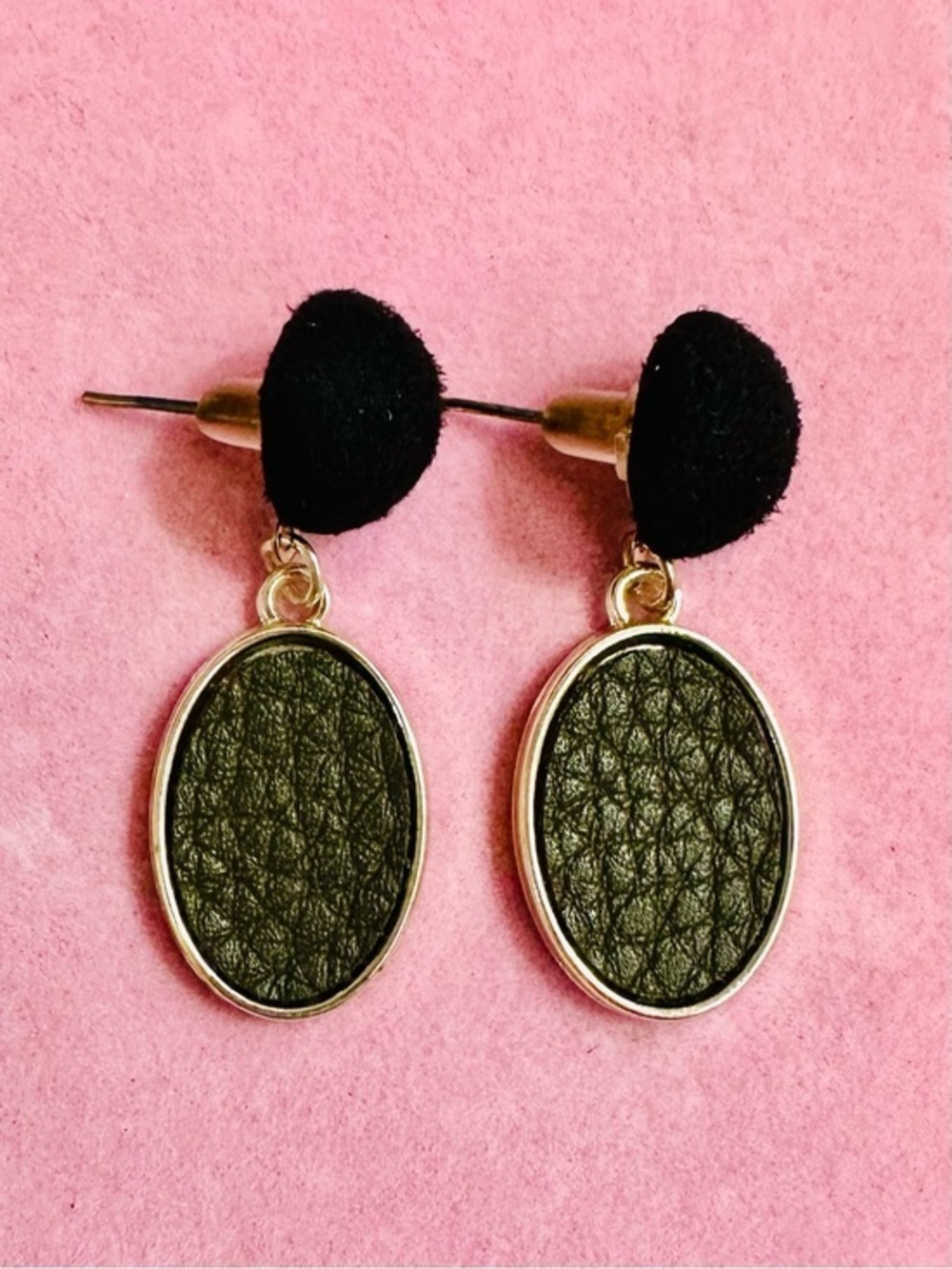NWT Black Velvet & Faux Leather Oval Drop Earrings